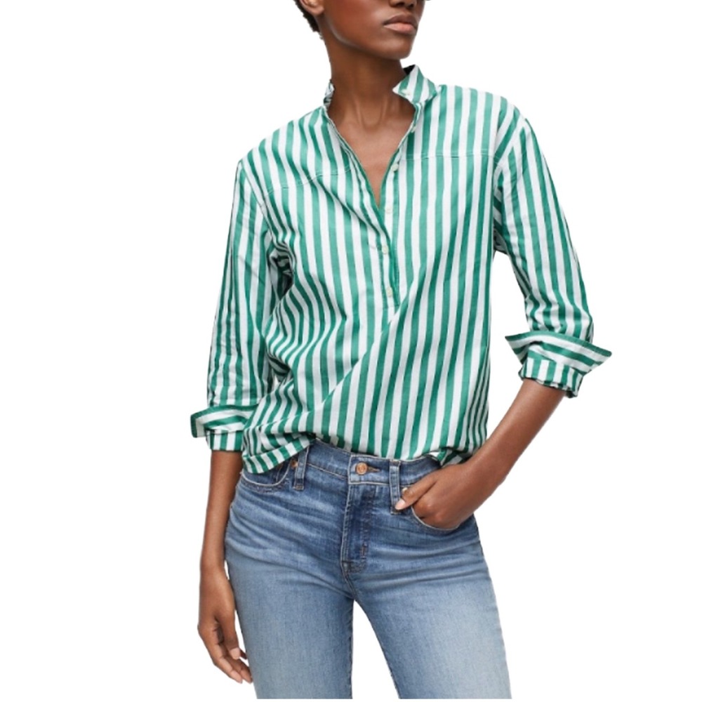 J. Crew Stripped Popover 1/2 Button Cotton Tunic Green White Size 12‎